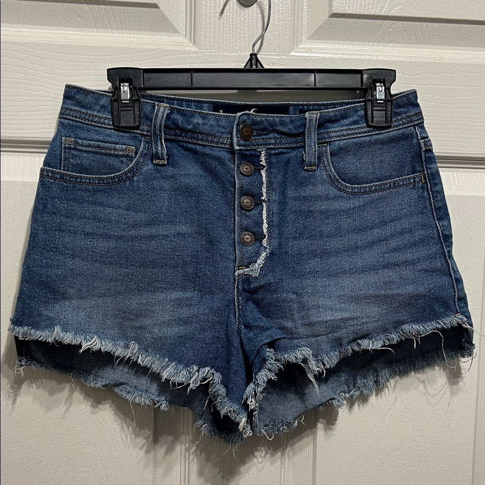 Hollister Dark Blue Button-Front Frayed Hem Denim Shorts